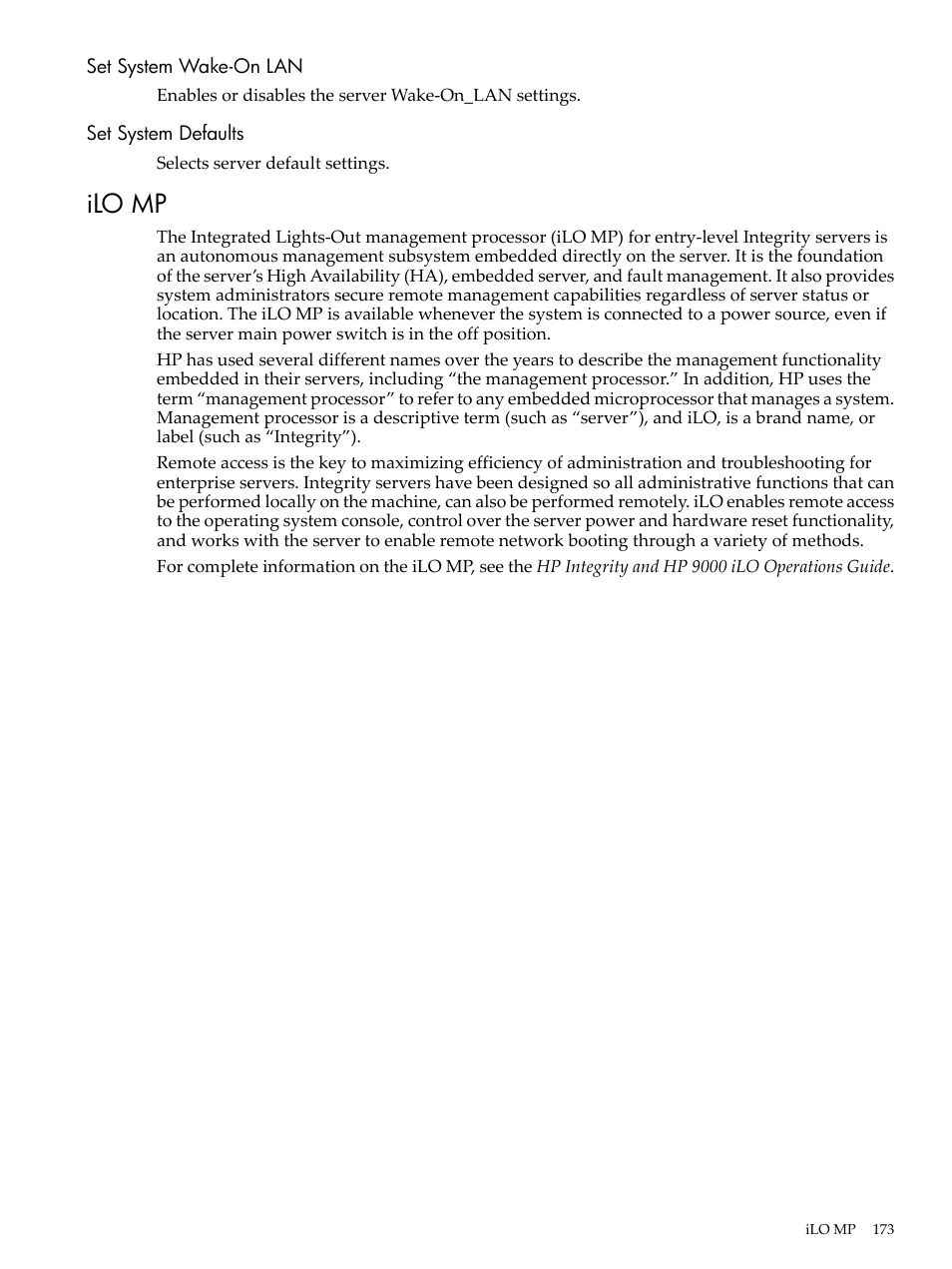 Set system wake-on lan, Set system defaults, Ilo mp | Set system wake-on lan set system defaults | HP AD117-9003A-ED3 User Manual | Page 173 / 177