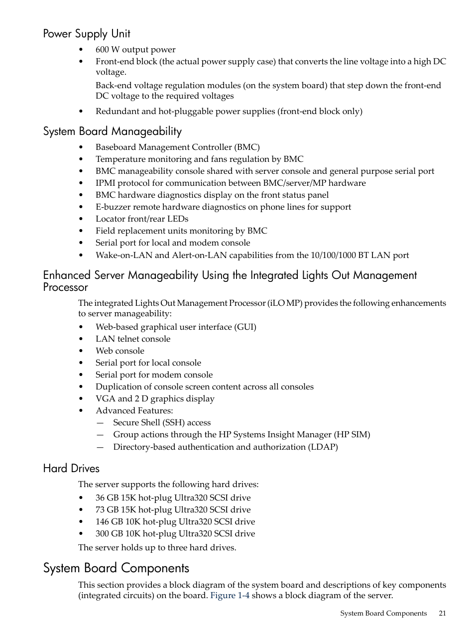 Power supply unit, System board manageability, Hard drives | System board components | HP AD117-9003A-ED3 User Manual | Page 21 / 177