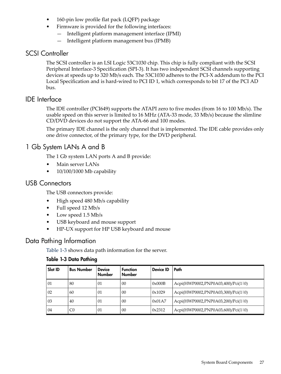 Scsi controller, Ide interface, 1 gb system lans a and b | Usb connectors, Data pathing information, Data pathing | HP AD117-9003A-ED3 User Manual | Page 27 / 177