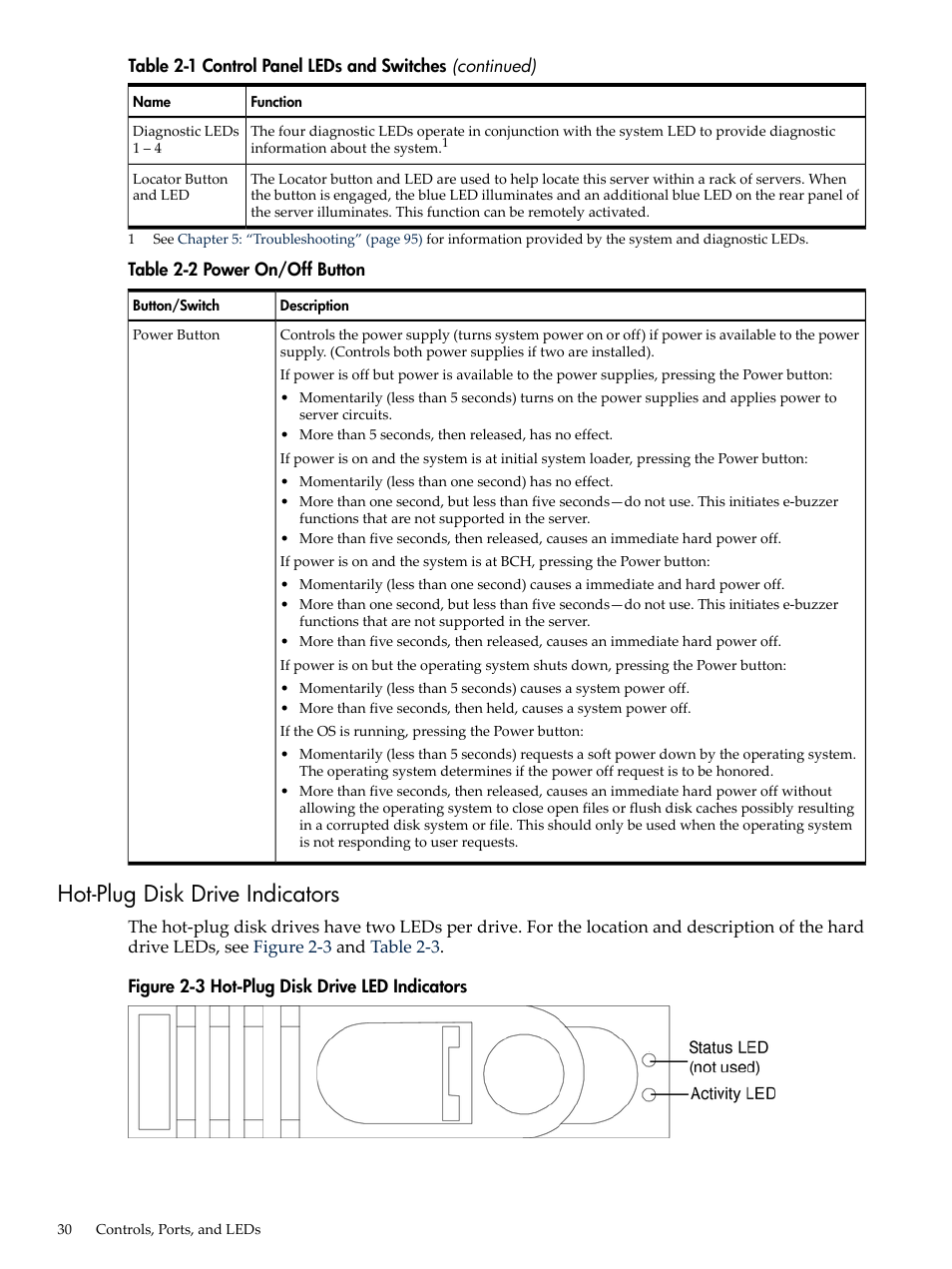 Hot-plug disk drive indicators, Hot-plug disk drive led indicators, Power on/off button | Table 2-2 | HP AD117-9003A-ED3 User Manual | Page 30 / 177