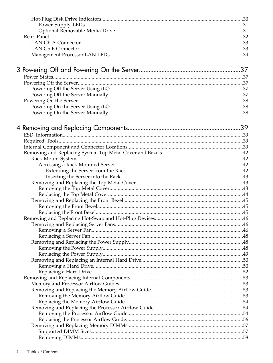 3 powering off and powering on the server, 4 removing and replacing components | HP AD117-9003A-ED3 User Manual | Page 4 / 177