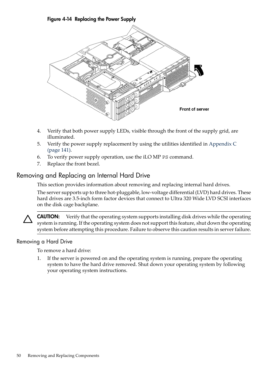 Removing and replacing an internal hard drive, Removing a hard drive, Replacing the power supply | HP AD117-9003A-ED3 User Manual | Page 50 / 177