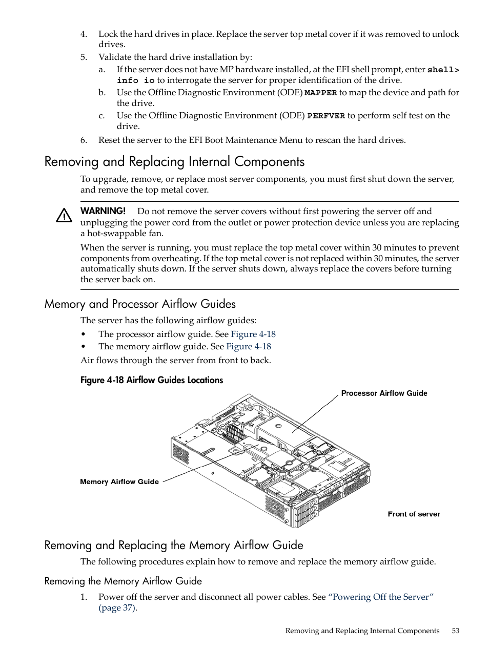 Removing and replacing internal components, Memory and processor airflow guides, Removing and replacing the memory airflow guide | Removing the memory airflow guide, Airflow guides locations | HP AD117-9003A-ED3 User Manual | Page 53 / 177