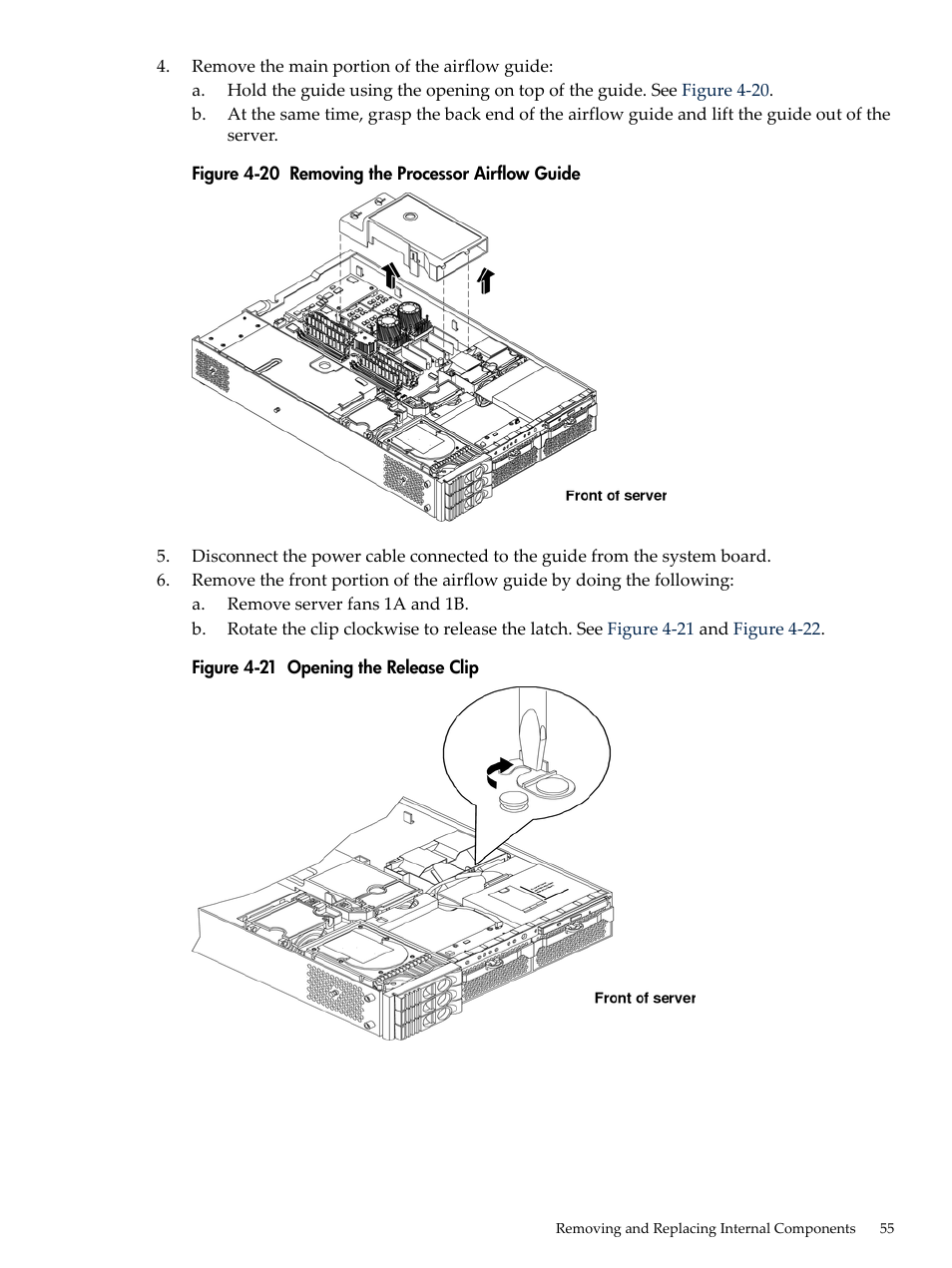 Removing the processor airflow guide, Opening the release clip | HP AD117-9003A-ED3 User Manual | Page 55 / 177