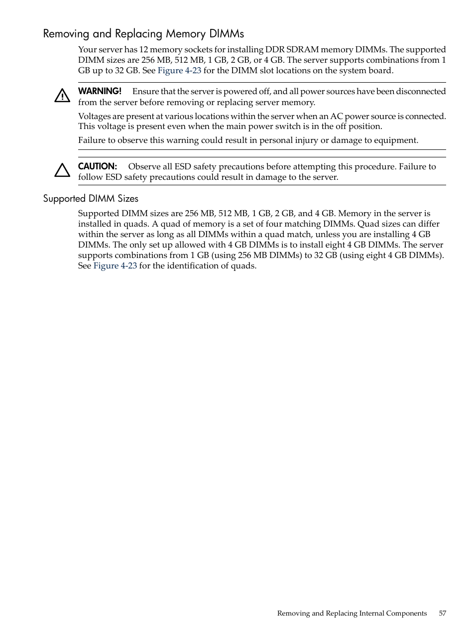 Removing and replacing memory dimms, Supported dimm sizes | HP AD117-9003A-ED3 User Manual | Page 57 / 177