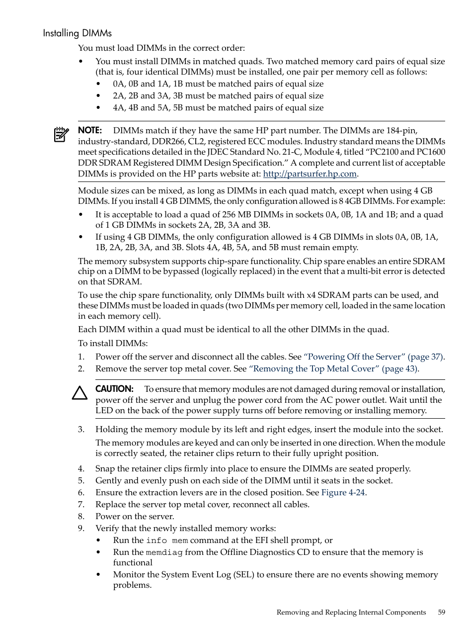 Installing dimms | HP AD117-9003A-ED3 User Manual | Page 59 / 177