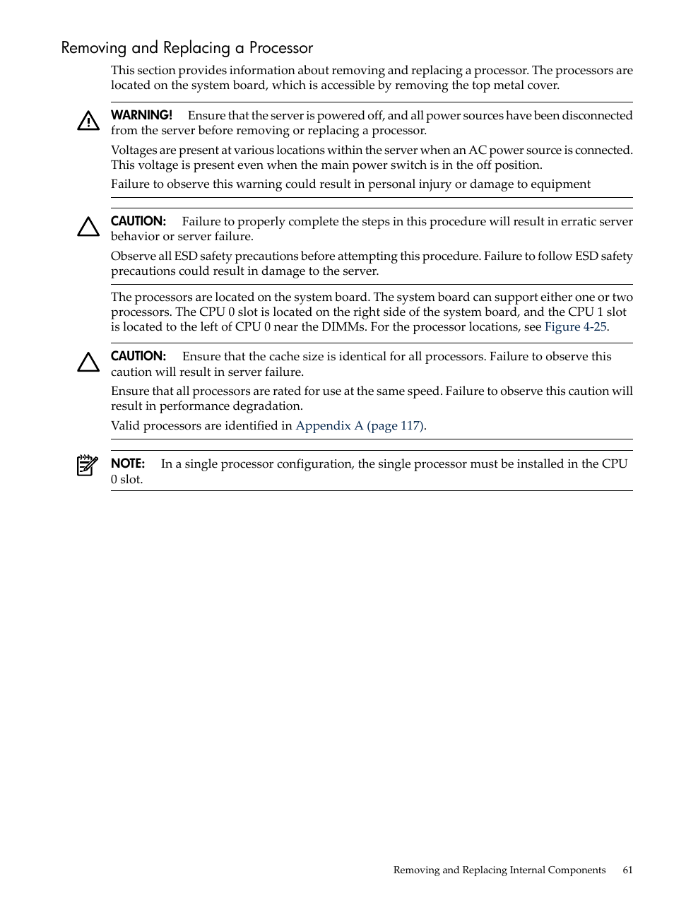 Removing and replacing a processor | HP AD117-9003A-ED3 User Manual | Page 61 / 177