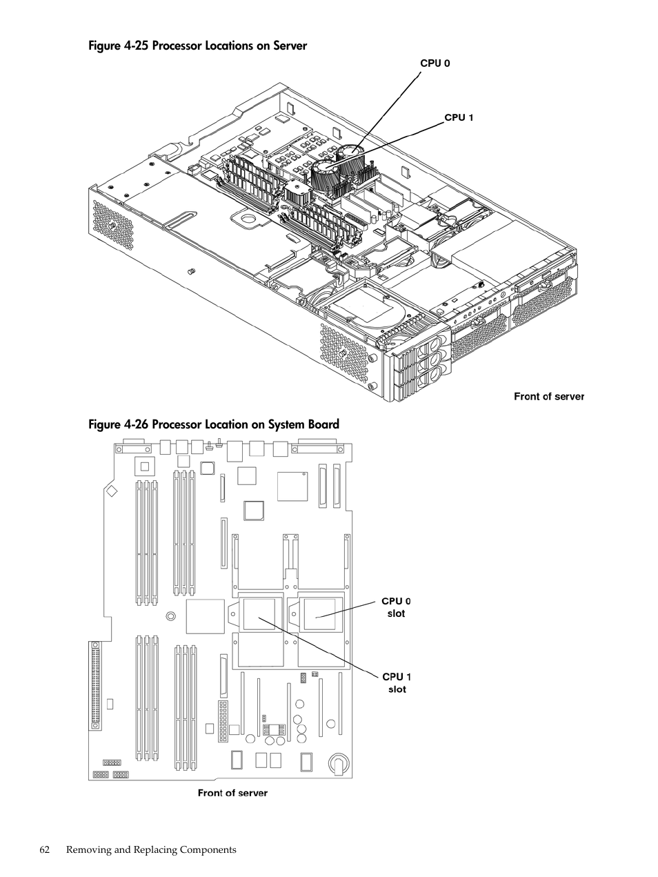 Processor locations on server, Processor location on system board | HP AD117-9003A-ED3 User Manual | Page 62 / 177