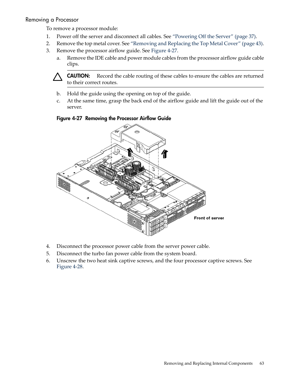 Removing a processor, Removing the processor airflow guide | HP AD117-9003A-ED3 User Manual | Page 63 / 177