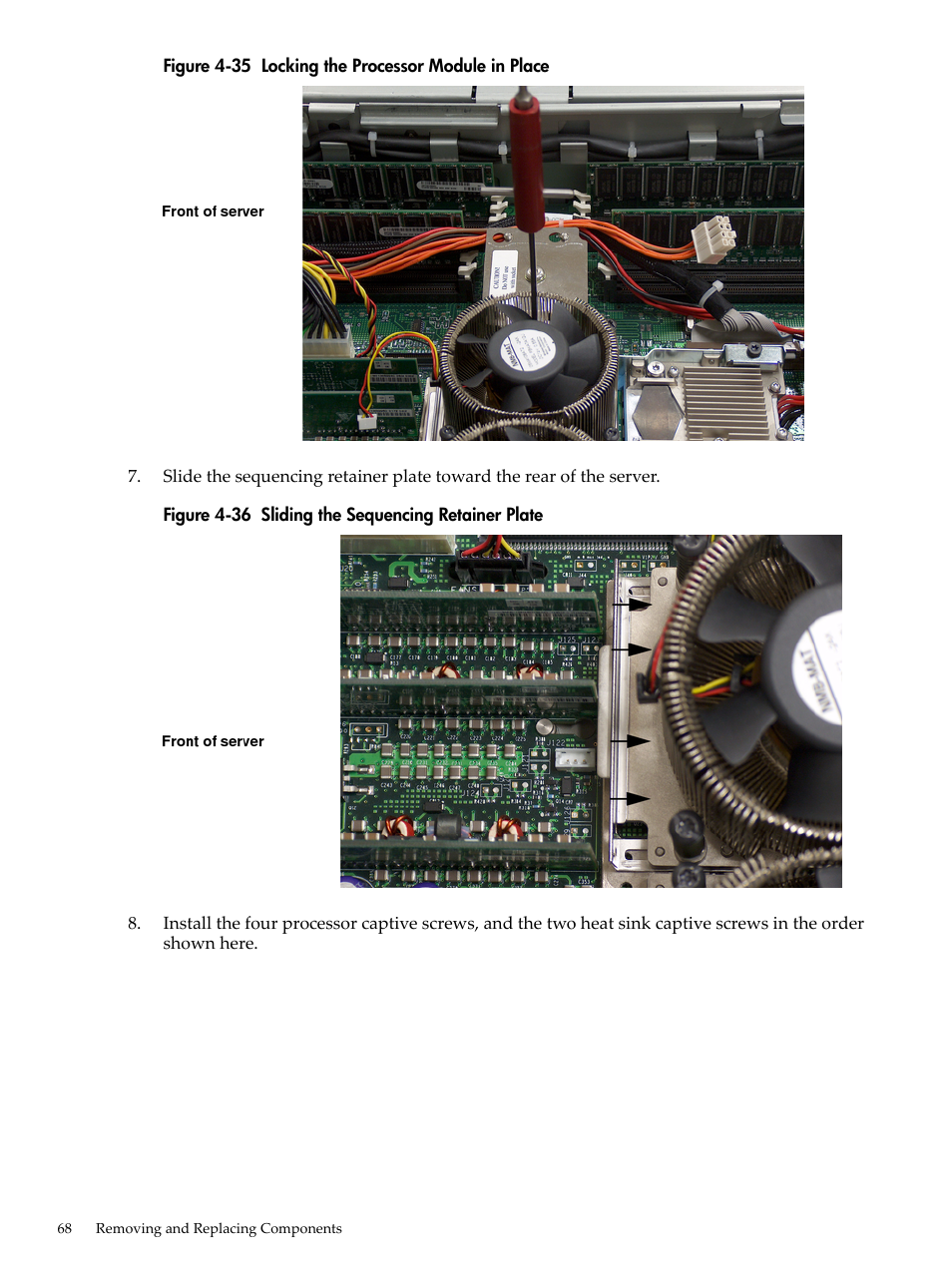 Locking the processor module in place, Sliding the sequencing retainer plate | HP AD117-9003A-ED3 User Manual | Page 68 / 177