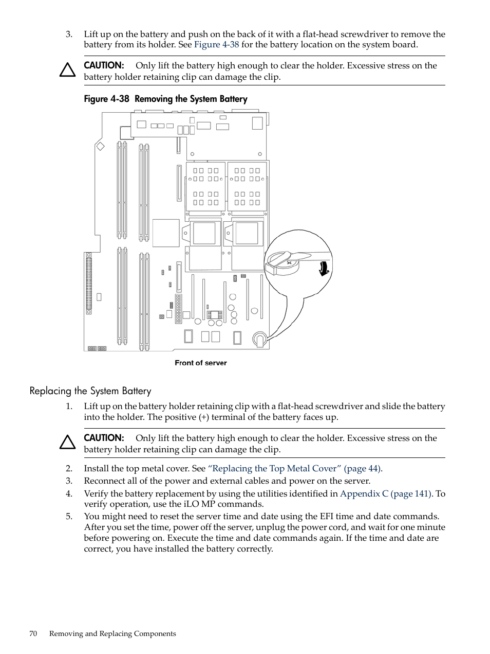 Replacing the system battery, Removing the system battery | HP AD117-9003A-ED3 User Manual | Page 70 / 177