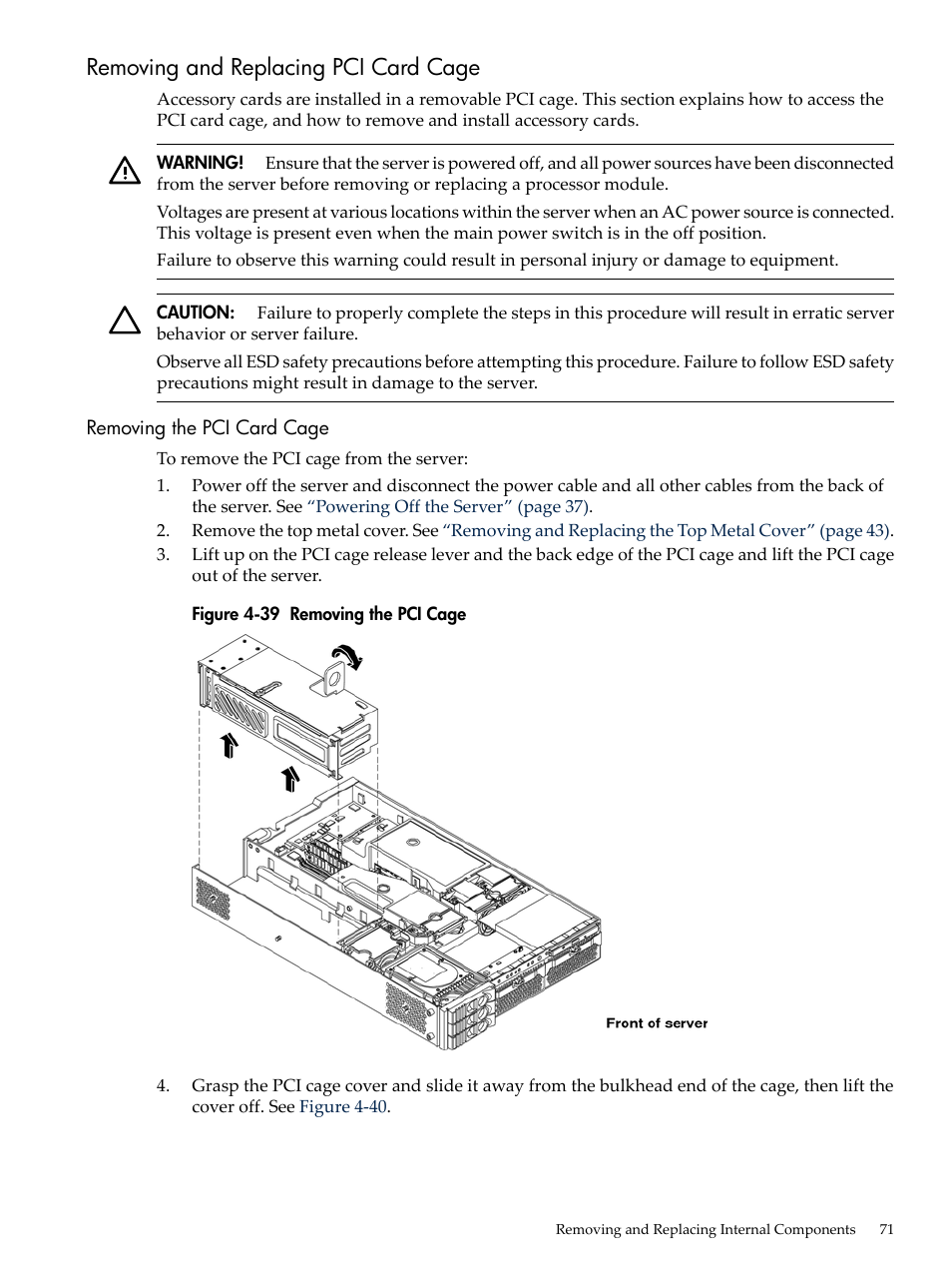 Removing and replacing pci card cage, Removing the pci card cage, Removing the pci cage | HP AD117-9003A-ED3 User Manual | Page 71 / 177