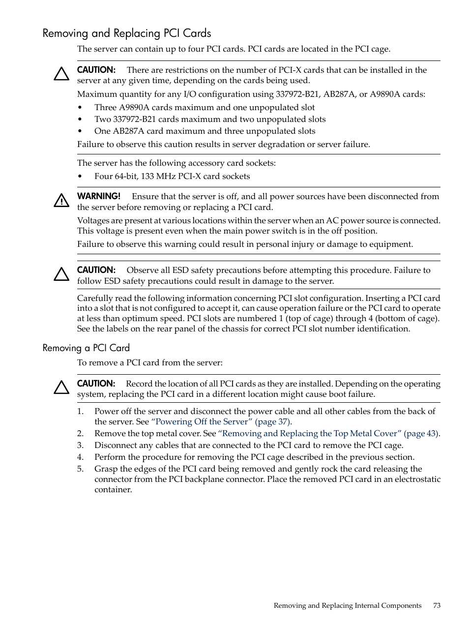 Removing and replacing pci cards, Removing a pci card | HP AD117-9003A-ED3 User Manual | Page 73 / 177