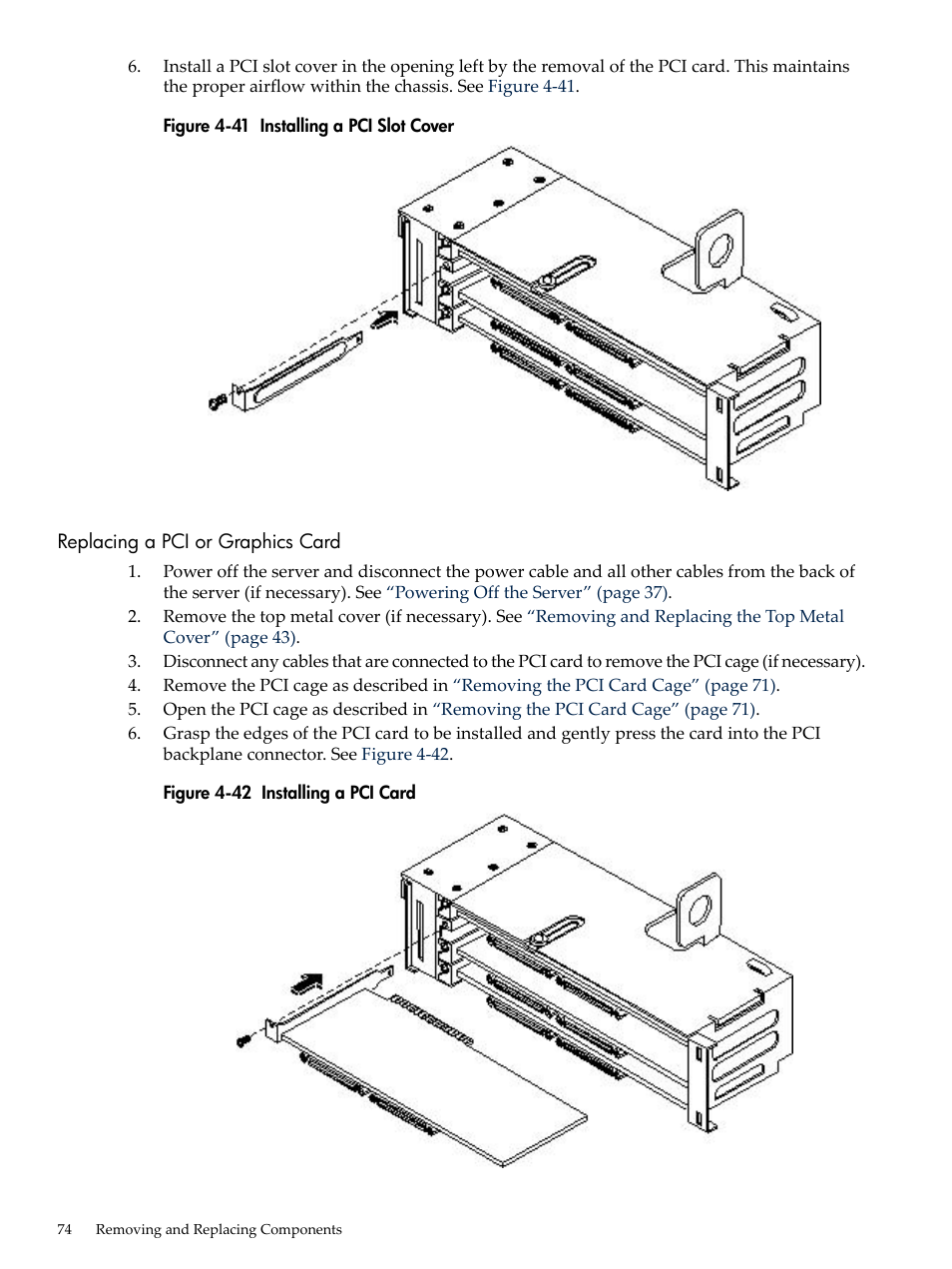 Replacing a pci or graphics card, Installing a pci slot cover, Installing a pci card | HP AD117-9003A-ED3 User Manual | Page 74 / 177