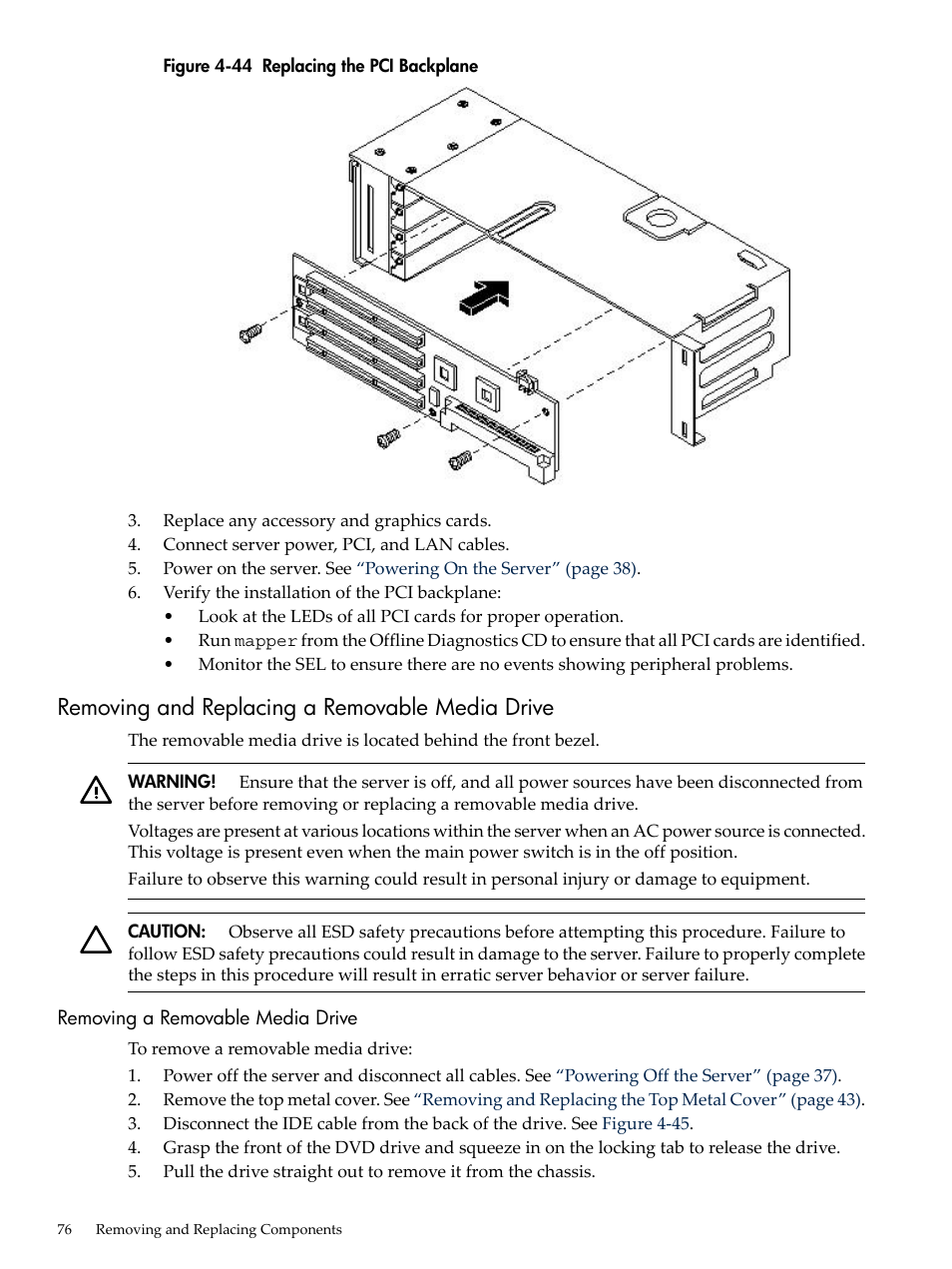 Removing and replacing a removable media drive, Removing a removable media drive, Replacing the pci backplane | HP AD117-9003A-ED3 User Manual | Page 76 / 177