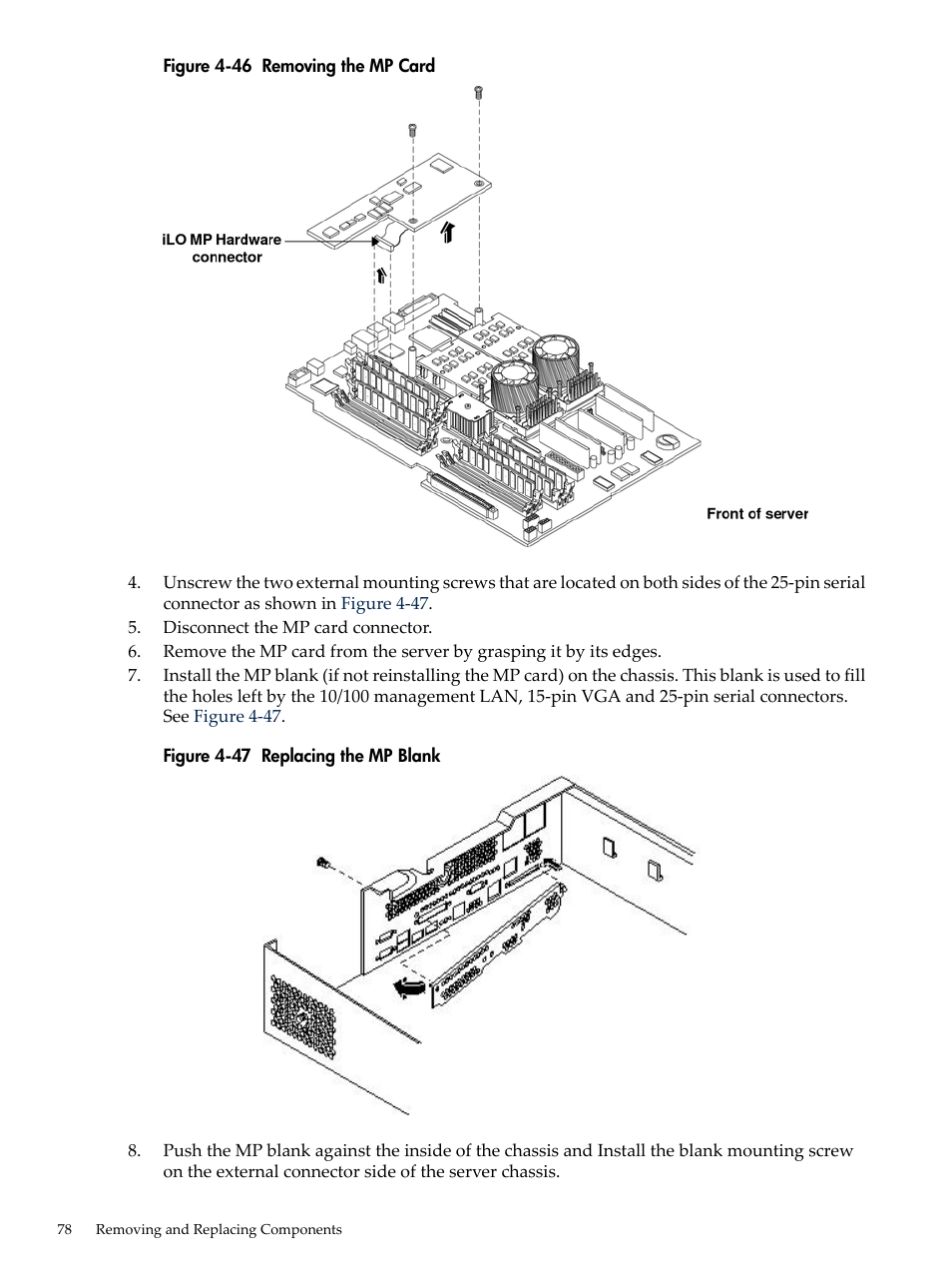 Removing the mp card, Replacing the mp blank | HP AD117-9003A-ED3 User Manual | Page 78 / 177