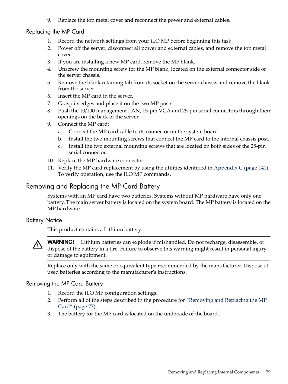 Replacing the mp card, Removing and replacing the mp card battery, Battery notice | Removing the mp card battery, Battery notice removing the mp card battery | HP AD117-9003A-ED3 User Manual | Page 79 / 177