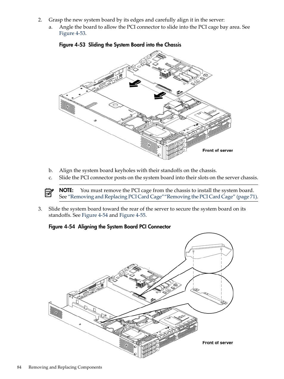 Sliding the system board into the chassis, Aligning the system board pci connector | HP AD117-9003A-ED3 User Manual | Page 84 / 177