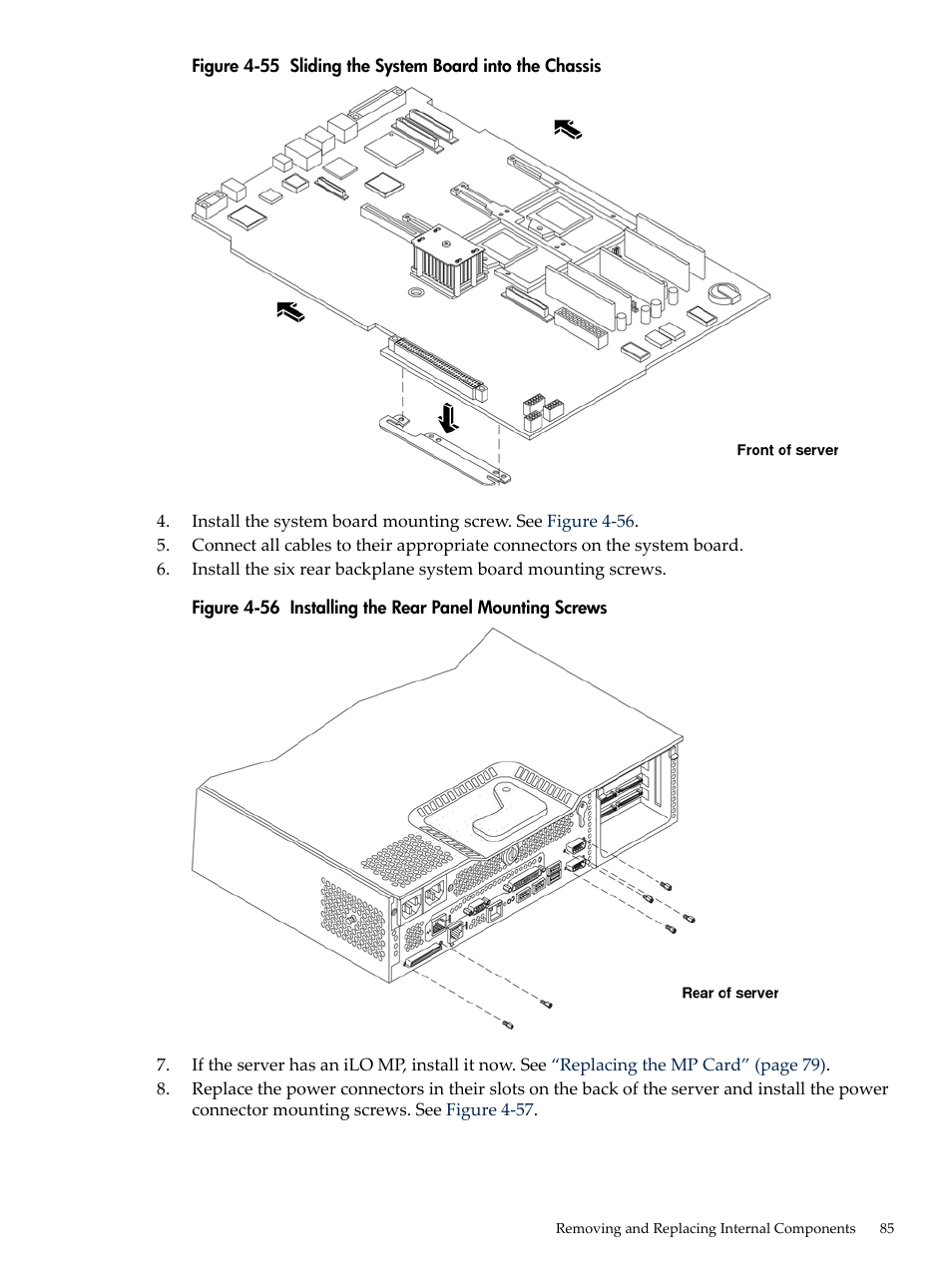 Sliding the system board into the chassis, Installing the rear panel mounting screws, Figure 4-55 | HP AD117-9003A-ED3 User Manual | Page 85 / 177