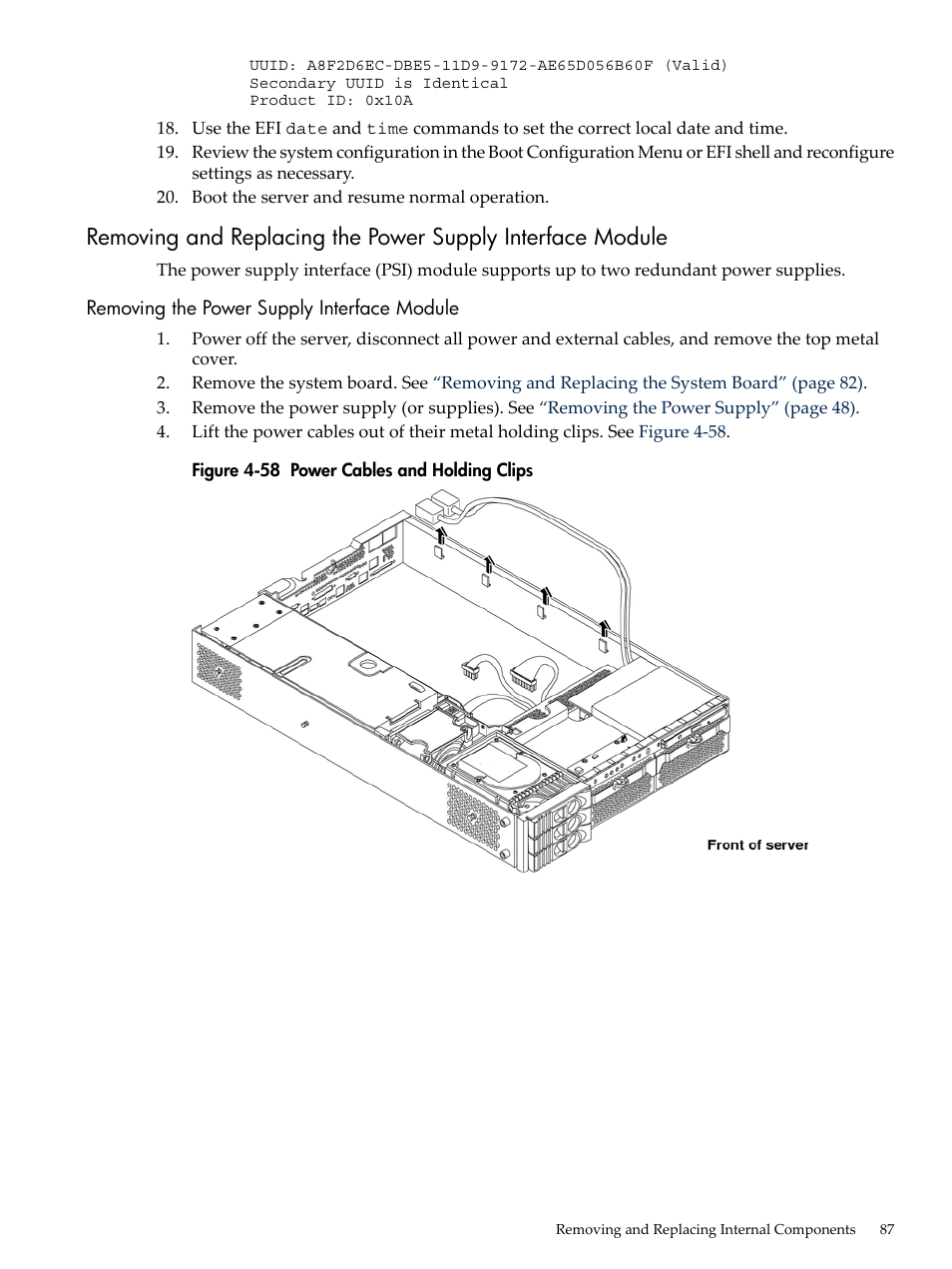 Removing the power supply interface module, Power cables and holding clips | HP AD117-9003A-ED3 User Manual | Page 87 / 177