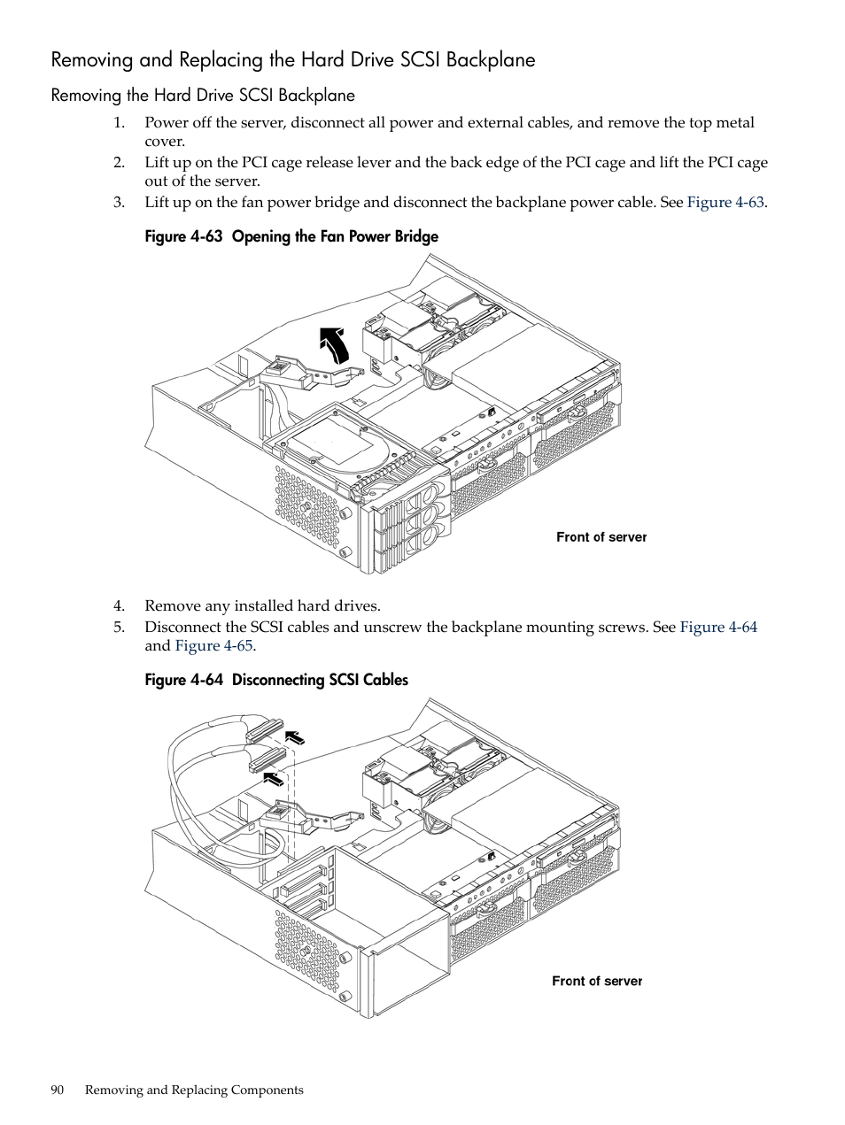 Removing the hard drive scsi backplane, Opening the fan power bridge, Disconnecting scsi cables | HP AD117-9003A-ED3 User Manual | Page 90 / 177