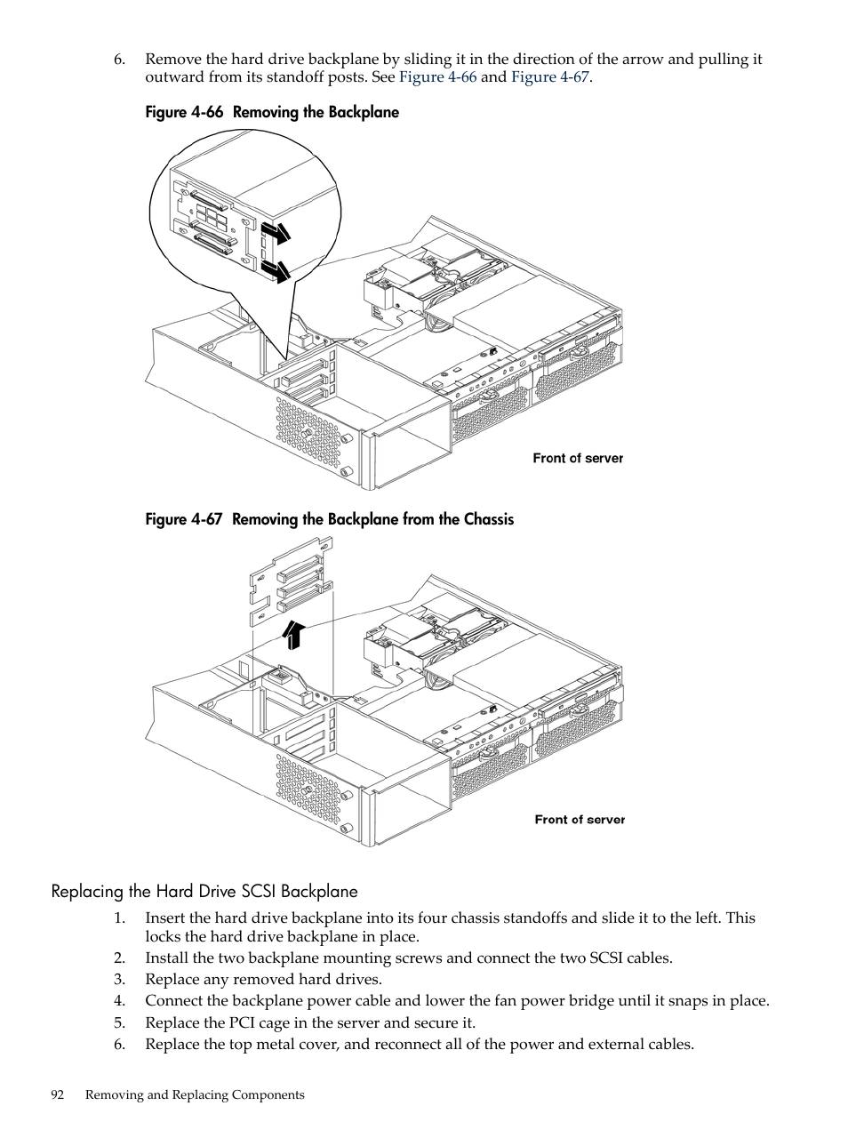 Replacing the hard drive scsi backplane, Removing the backplane, Removing the backplane from the chassis | HP AD117-9003A-ED3 User Manual | Page 92 / 177