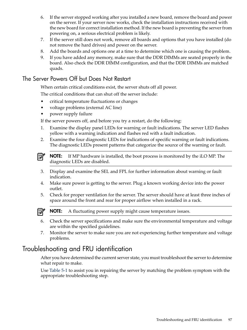 The server powers off but does not restart, Troubleshooting and fru identification | HP AD117-9003A-ED3 User Manual | Page 97 / 177