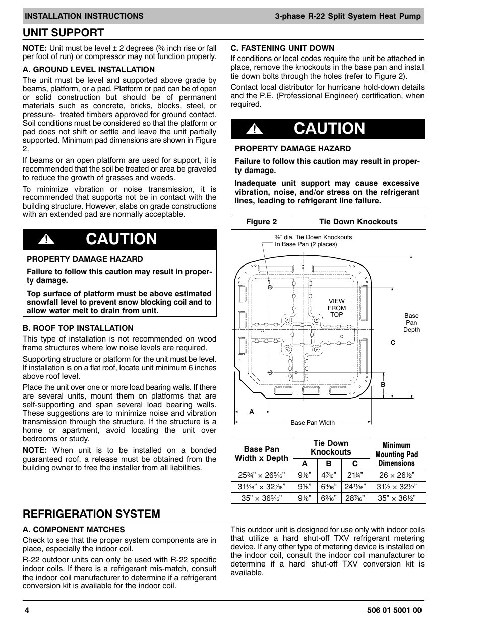 Caution, Unit support, Refrigeration system | HP H2H3 User Manual | Page 4 / 16