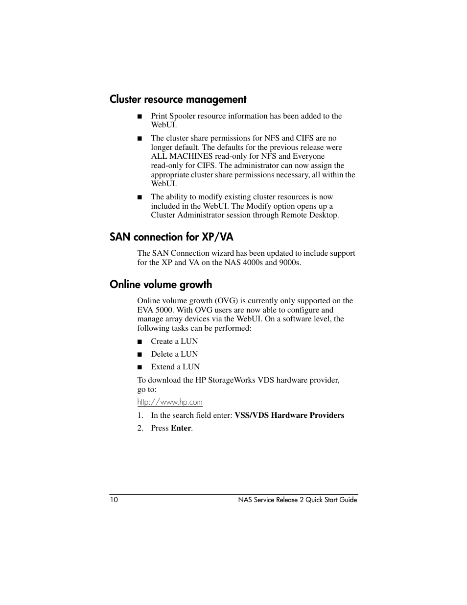 Cluster resource management, San connection for xp/va, Online volume growth | HP NAS 2000s User Manual | Page 10 / 20