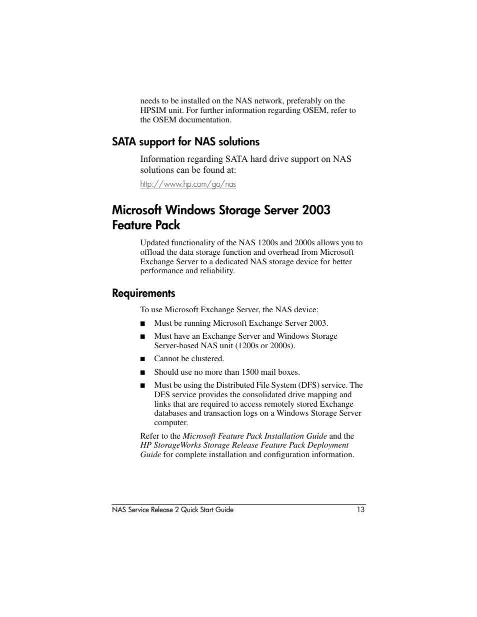 Sata support for nas solutions, Microsoft windows storage server 2003 feature pack, Requirements | HP NAS 2000s User Manual | Page 13 / 20