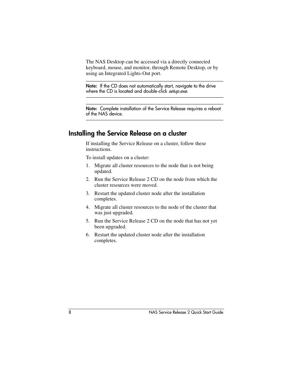 Installing the service release on a cluster | HP NAS 2000s User Manual | Page 8 / 20