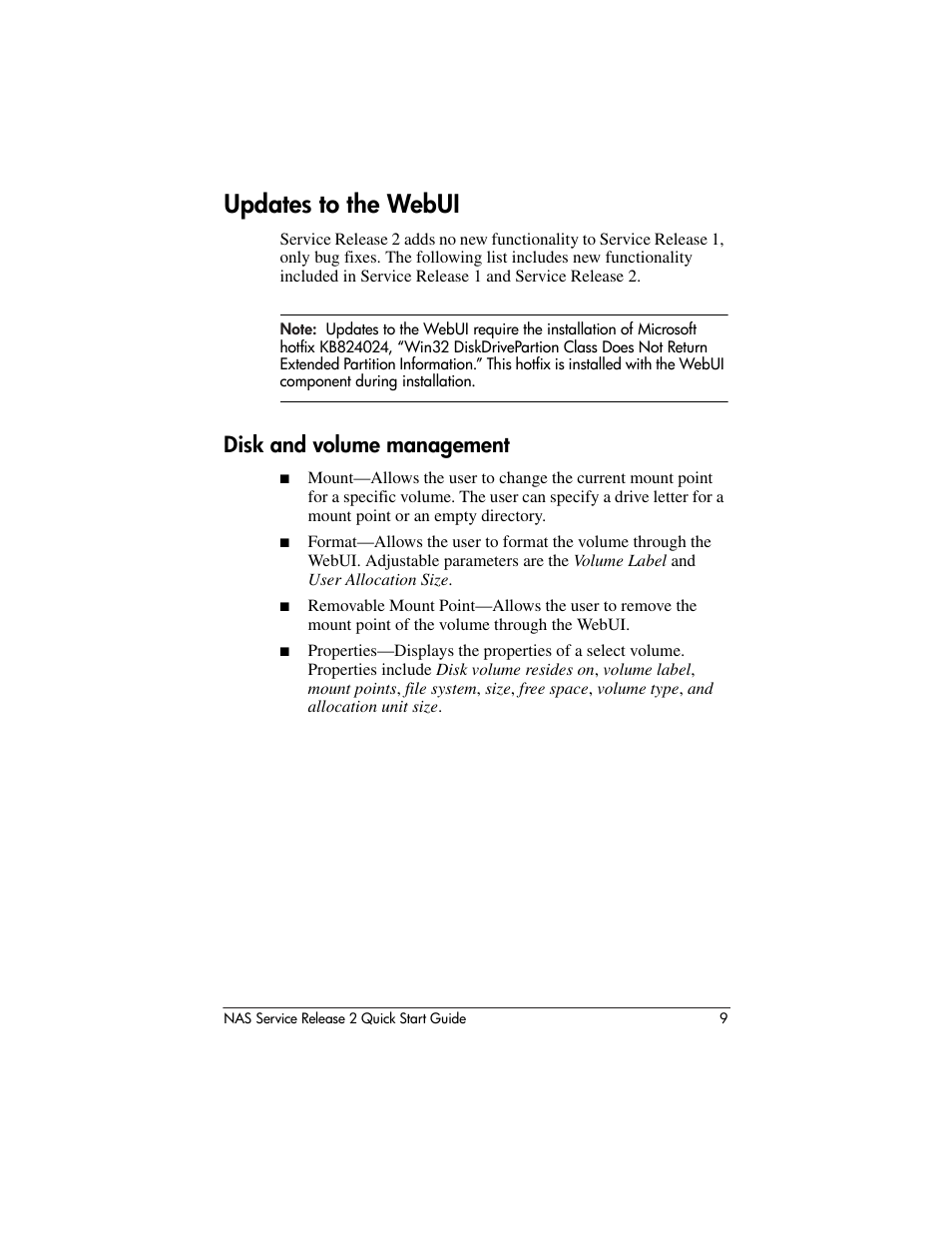 Updates to the webui, Disk and volume management | HP NAS 2000s User Manual | Page 9 / 20