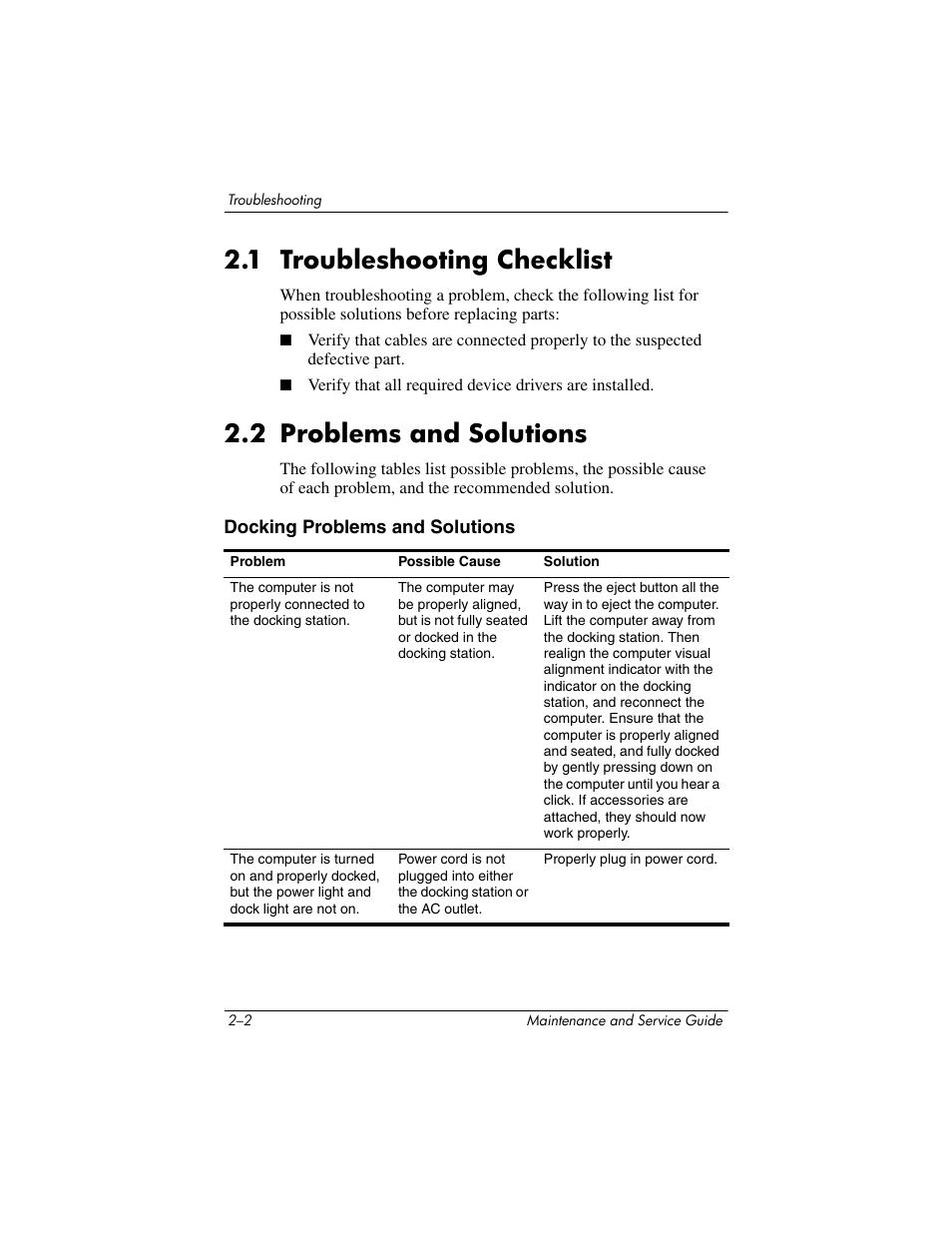 1 troubleshooting checklist, 2 problems and solutions | HP Laptop Docking Station User Manual | Page 24 / 70