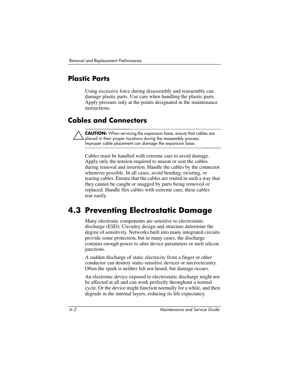 Plastic parts, Cables and connectors, 3 preventing electrostatic damage | Plastic parts –2 cables and connectors –2, 3 preventing electrostatic damage –2 | HP Laptop Docking Station User Manual | Page 36 / 70