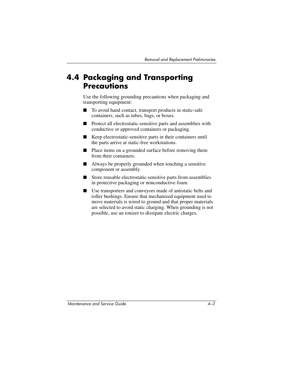 4 packaging and transporting precautions, 4 packaging and transporting precautions –3 | HP Laptop Docking Station User Manual | Page 37 / 70