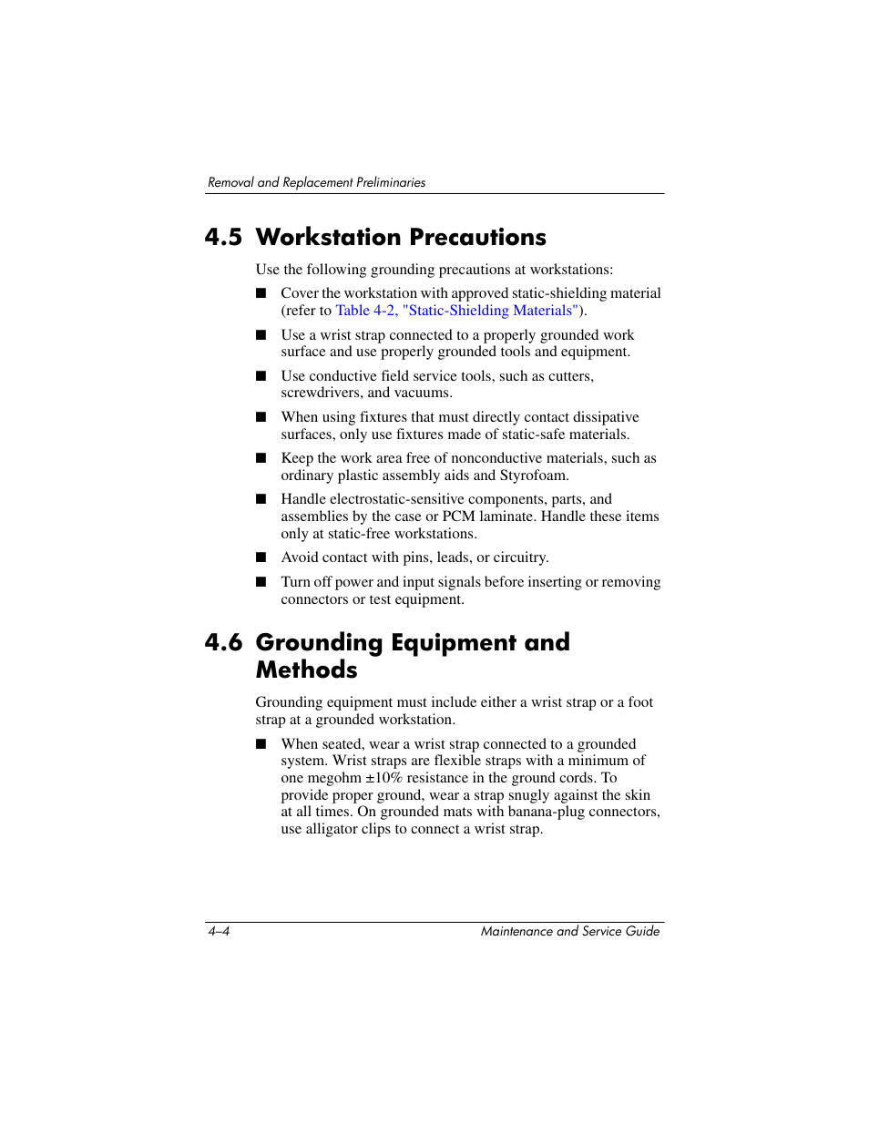 5 workstation precautions, 6 grounding equipment and methods | HP Laptop Docking Station User Manual | Page 38 / 70