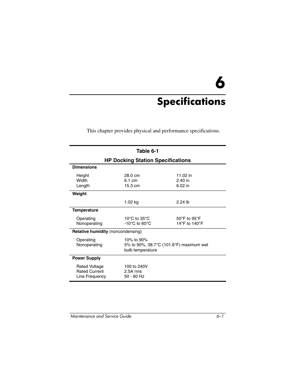 Specifications, 6 specifications | HP Laptop Docking Station User Manual | Page 49 / 70