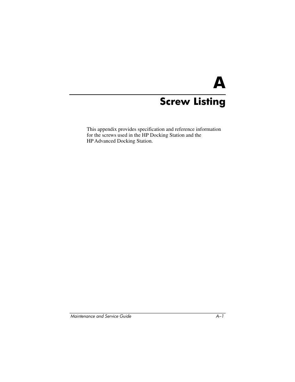 Screw listing, A screw listing | HP Laptop Docking Station User Manual | Page 53 / 70