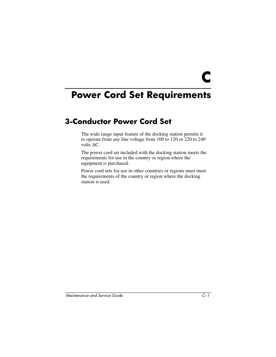 Power cord set requirements, Conductor power cord set, C power cord set requirements | HP Laptop Docking Station User Manual | Page 63 / 70