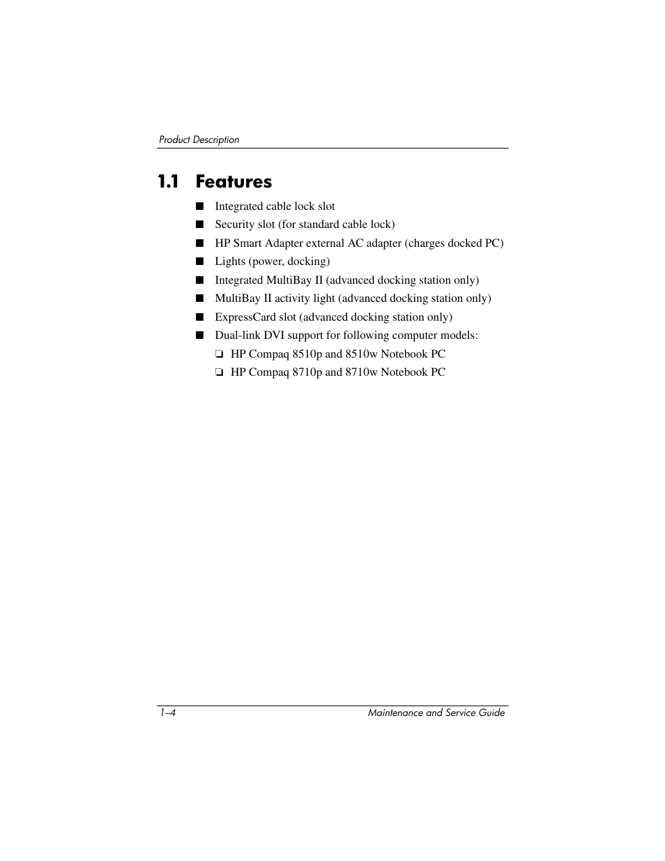 1 features, 1 features –4 | HP Laptop Docking Station User Manual | Page 8 / 70