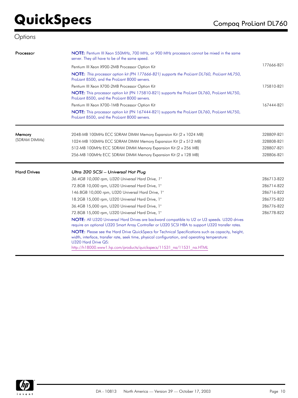 Quickspecs, Compaq proliant dl760, Compaq proliant dl760 options | HP Compaq ProLiant DL760 User Manual | Page 10 / 38