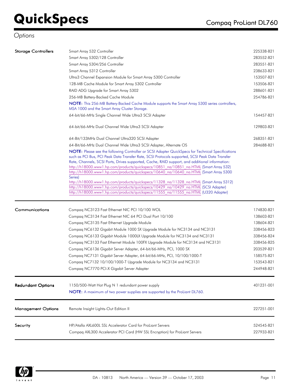 Quickspecs, Compaq proliant dl760, Compaq proliant dl760 options | HP Compaq ProLiant DL760 User Manual | Page 11 / 38