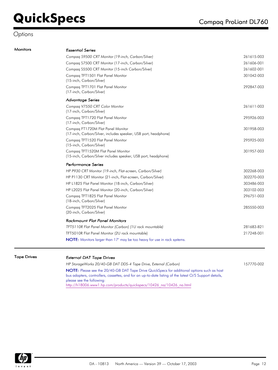 Quickspecs, Compaq proliant dl760, Compaq proliant dl760 options | HP Compaq ProLiant DL760 User Manual | Page 12 / 38