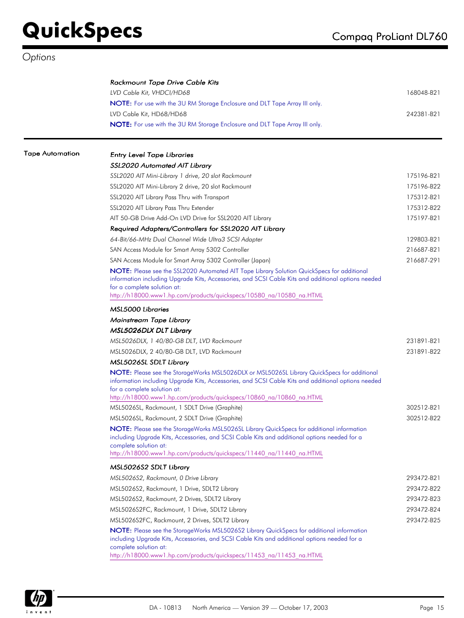 Quickspecs, Compaq proliant dl760, Compaq proliant dl760 options | HP Compaq ProLiant DL760 User Manual | Page 15 / 38