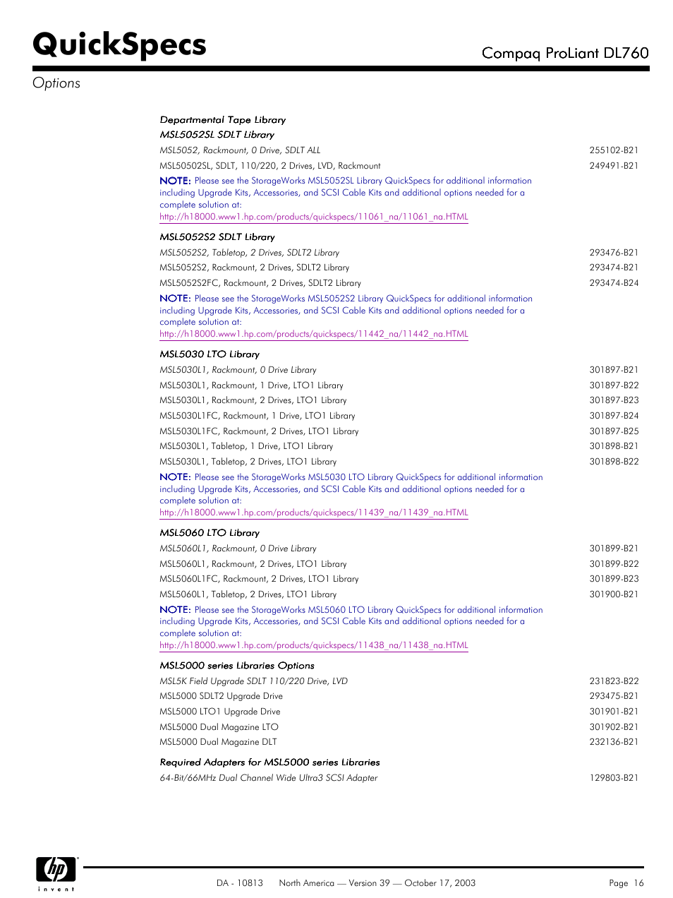 Quickspecs, Compaq proliant dl760, Compaq proliant dl760 options | HP Compaq ProLiant DL760 User Manual | Page 16 / 38