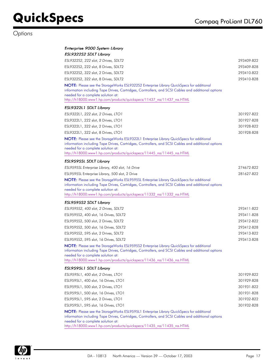 Quickspecs, Compaq proliant dl760, Compaq proliant dl760 options | HP Compaq ProLiant DL760 User Manual | Page 17 / 38