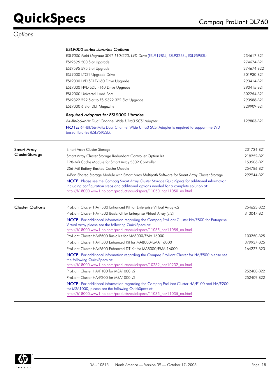 Quickspecs, Compaq proliant dl760, Compaq proliant dl760 options | HP Compaq ProLiant DL760 User Manual | Page 18 / 38