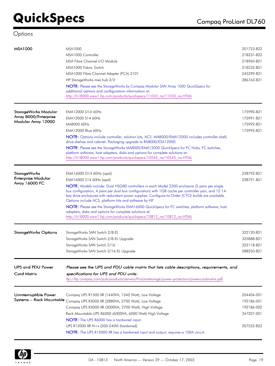 Quickspecs, Compaq proliant dl760, Compaq proliant dl760 options | HP Compaq ProLiant DL760 User Manual | Page 19 / 38