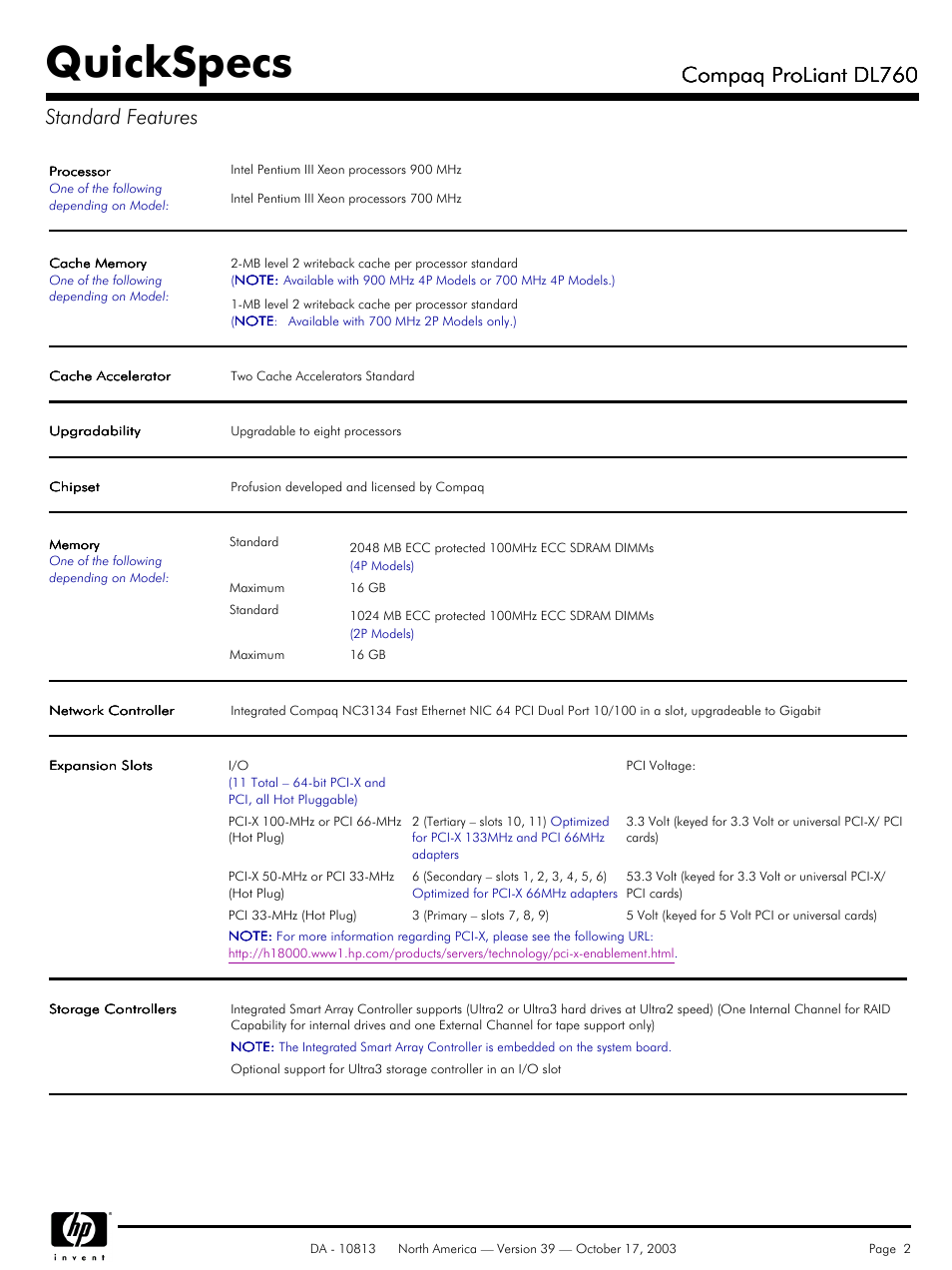 Standard features, Quickspecs, Compaq proliant dl760 | Compaq proliant dl760 standard features | HP Compaq ProLiant DL760 User Manual | Page 2 / 38