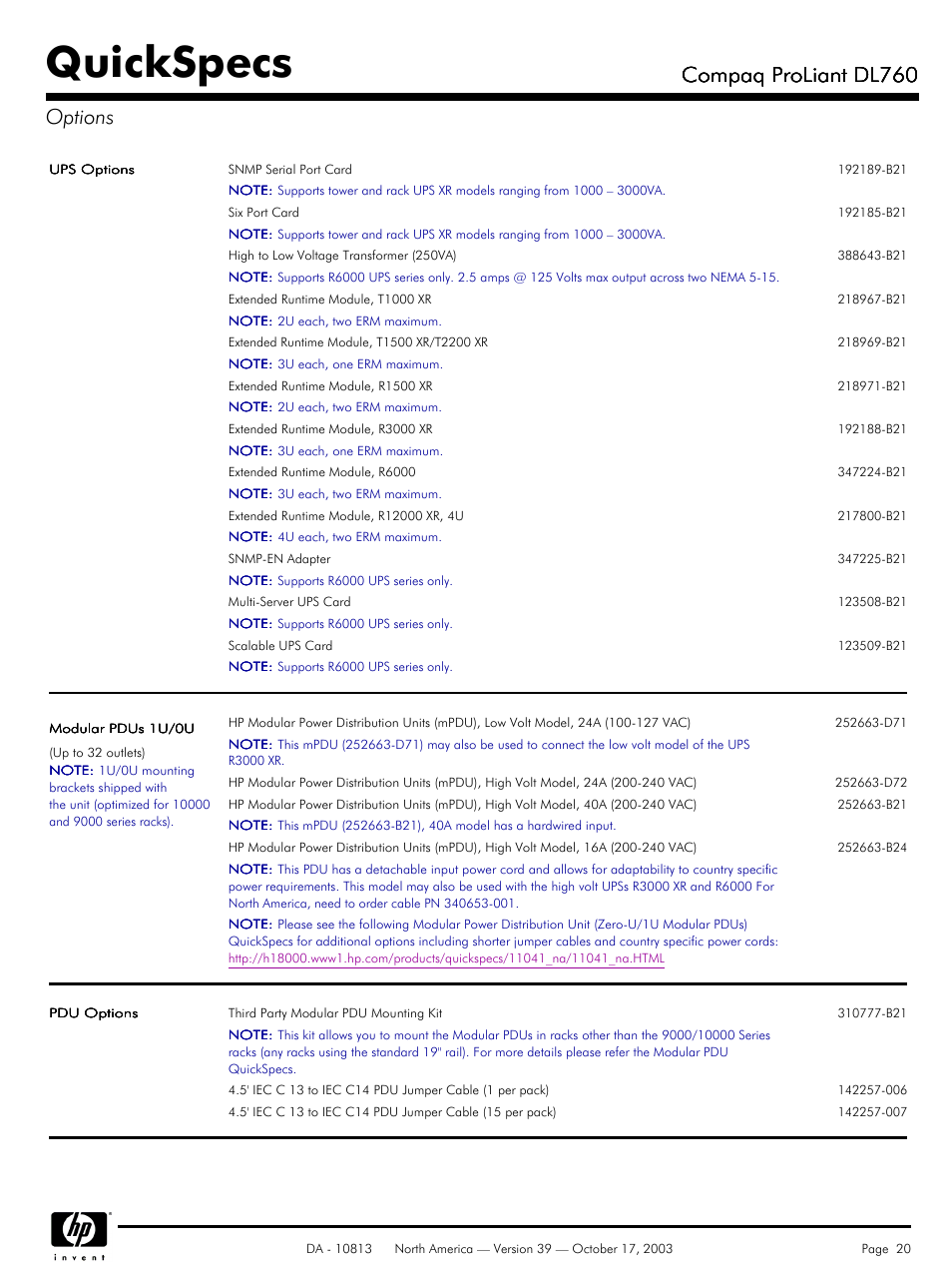 Quickspecs, Compaq proliant dl760, Compaq proliant dl760 options | HP Compaq ProLiant DL760 User Manual | Page 20 / 38